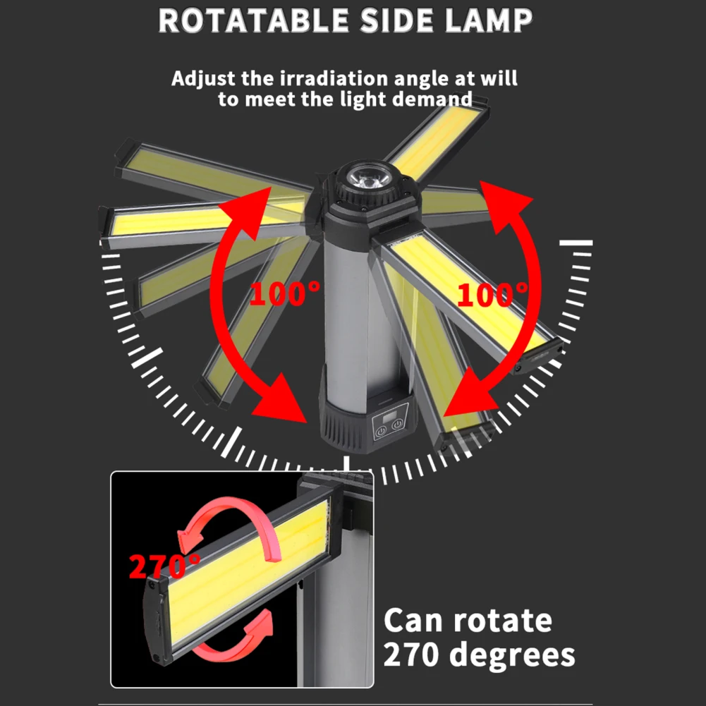 Luz de trabalho recarregável com suporte, portátil, tripé destacável, telescópica, camping, lâmpada tripla