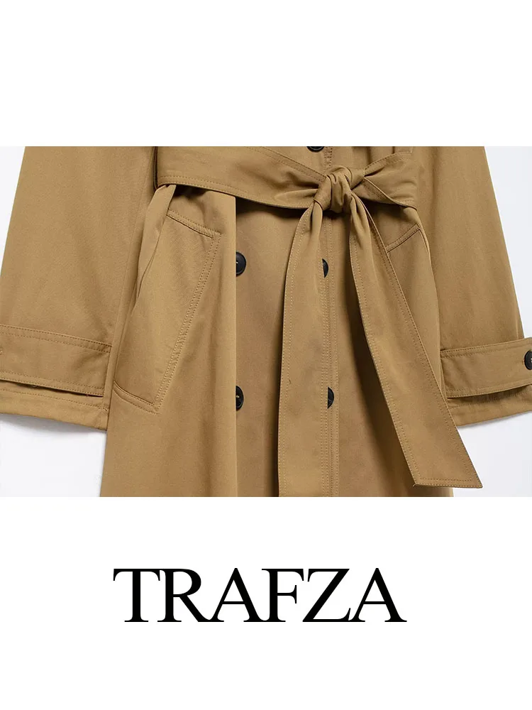 TRAFZA Autumn Windbreaker Woman 2024 Trendy Solid Turn-Down Collar Long Sleeves Belt Decorate Double Breasted Female Trench Coat