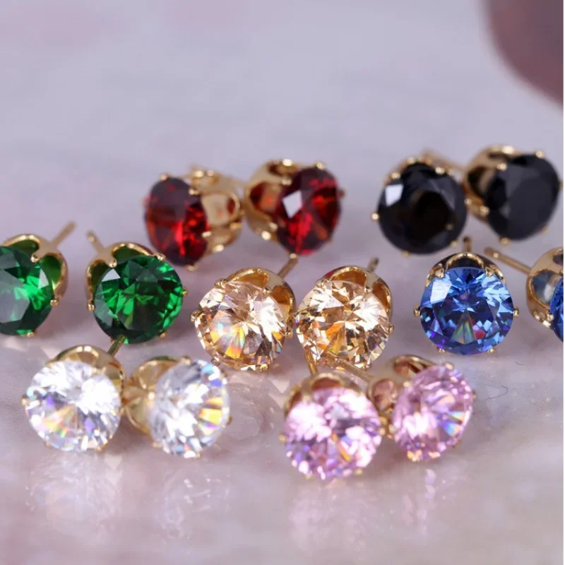 Simple and Fashionable Gold-plated Earrings Multicolor Temperament Round 8MM Flash Acrylic Imitation Zircon Earrings for Women