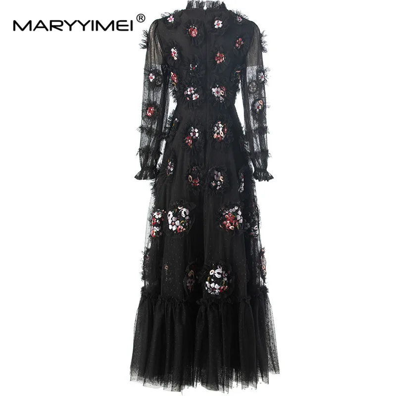 MARYYIMEI Mesh Sequins Flounced Edge Summer Dress Women's Lantern Sleeved High End Luxury Evening S-4XL Dresses