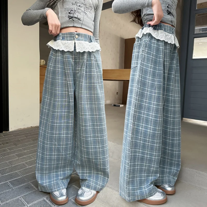 

Girls Plaid Wide Leg Pants Kids Sweatpants Girls Loose Trousers Baby Outfits Children's Trackpants Teenagers Clothes 4-14 Years