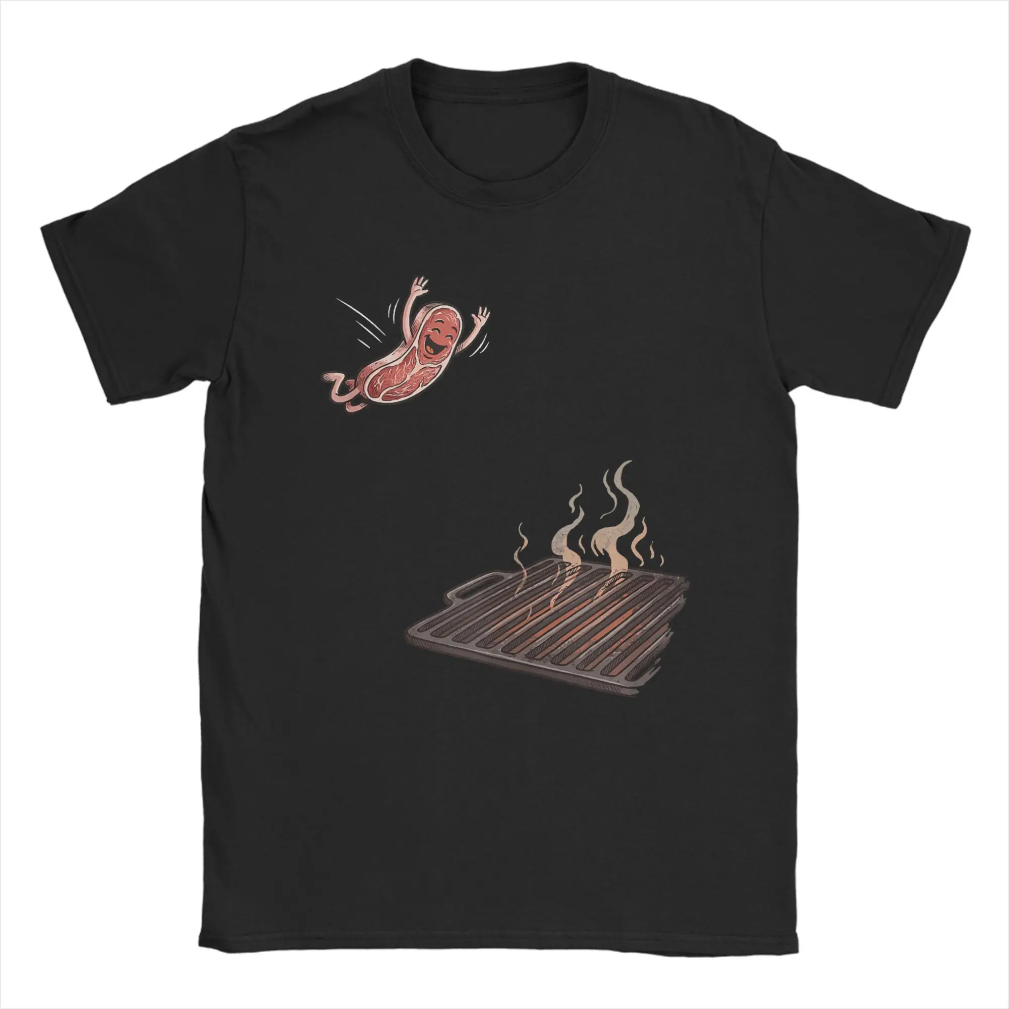 BBQ Steak Meme Cute Meat Jumping Into Grill Men T Shirt  Hipster Tee Shirt Short Sleeve Round Collar T-Shirt Pure Cotton Party