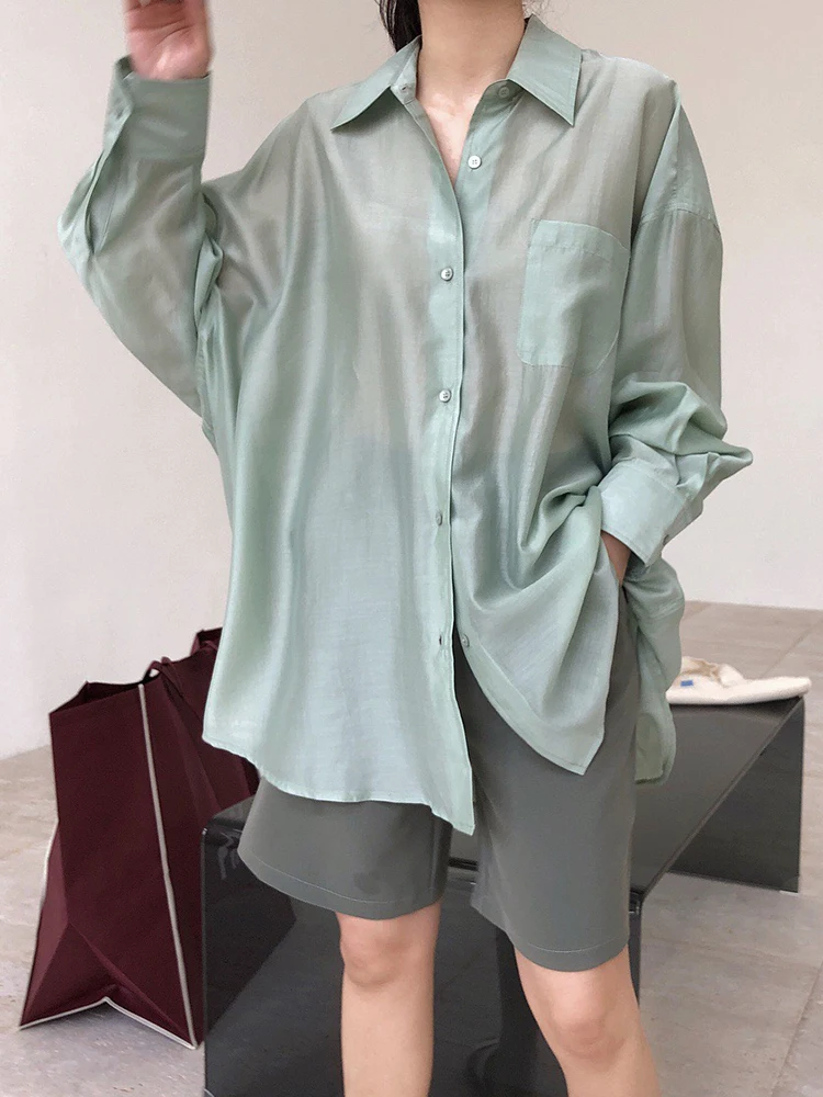 CHICEVER Solid Shirts For Women Lapel Long Sleeve Patchwork Pockets Single Breasted Minimalist Blouses Female Clothing Fashion