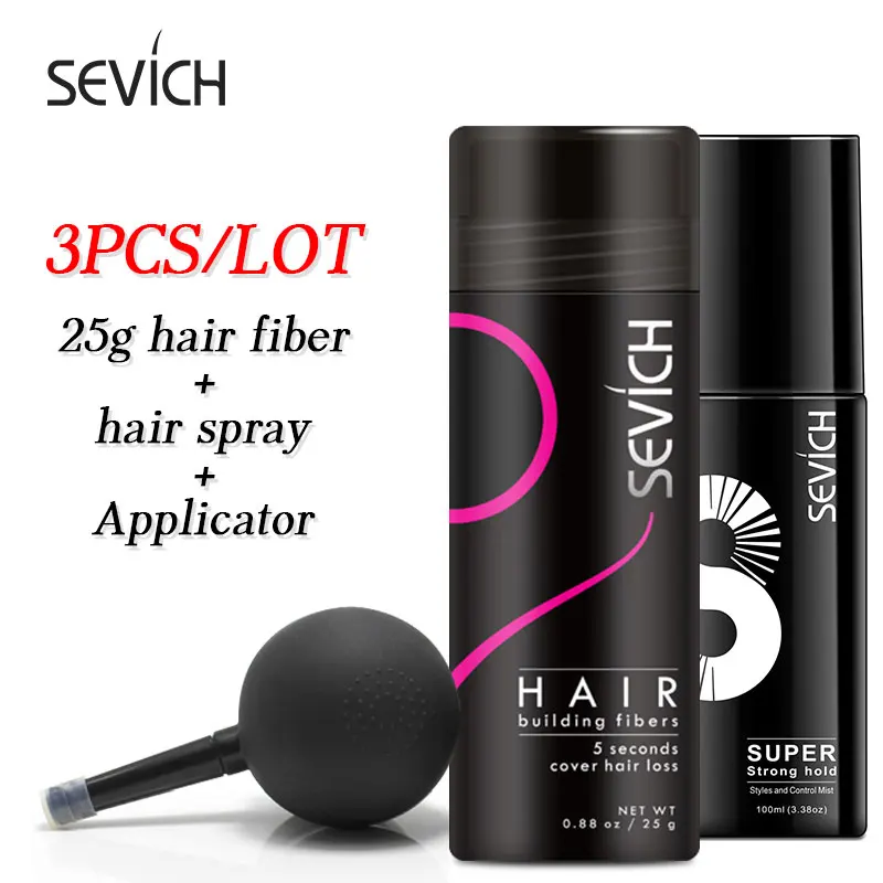 Sevich 3 In 1 Kit Hair Loss Fibers Bald Extension Hair Growth Powder with Applicator Hair Spray Strong Hold for Hair Styling