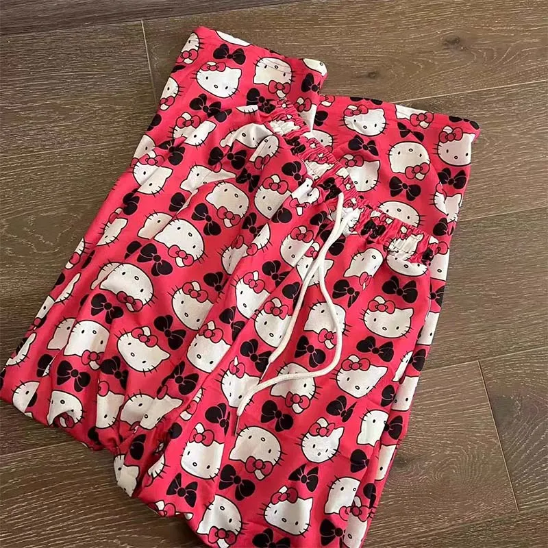 2024 Summer New Cartoon Hello Kitty Print Wide Leg Pants Less Crowded All-Match Fashion Home Pajama Pants