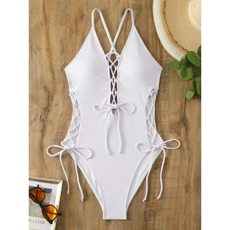 

NEW Women Sexy Hollow Out Cross Leace-up Bikini Hot Girl Beach Vacation Style BikSolid Color Spaghetti Strap One Piece Swimsuit