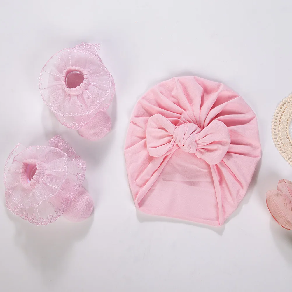 0-1Y Newborn Soks Beanie Set for Photography Hair Accessories Baby Girls Bowknot Bonnet Pink Lace Soks Bow Hat for Toddler Photo
