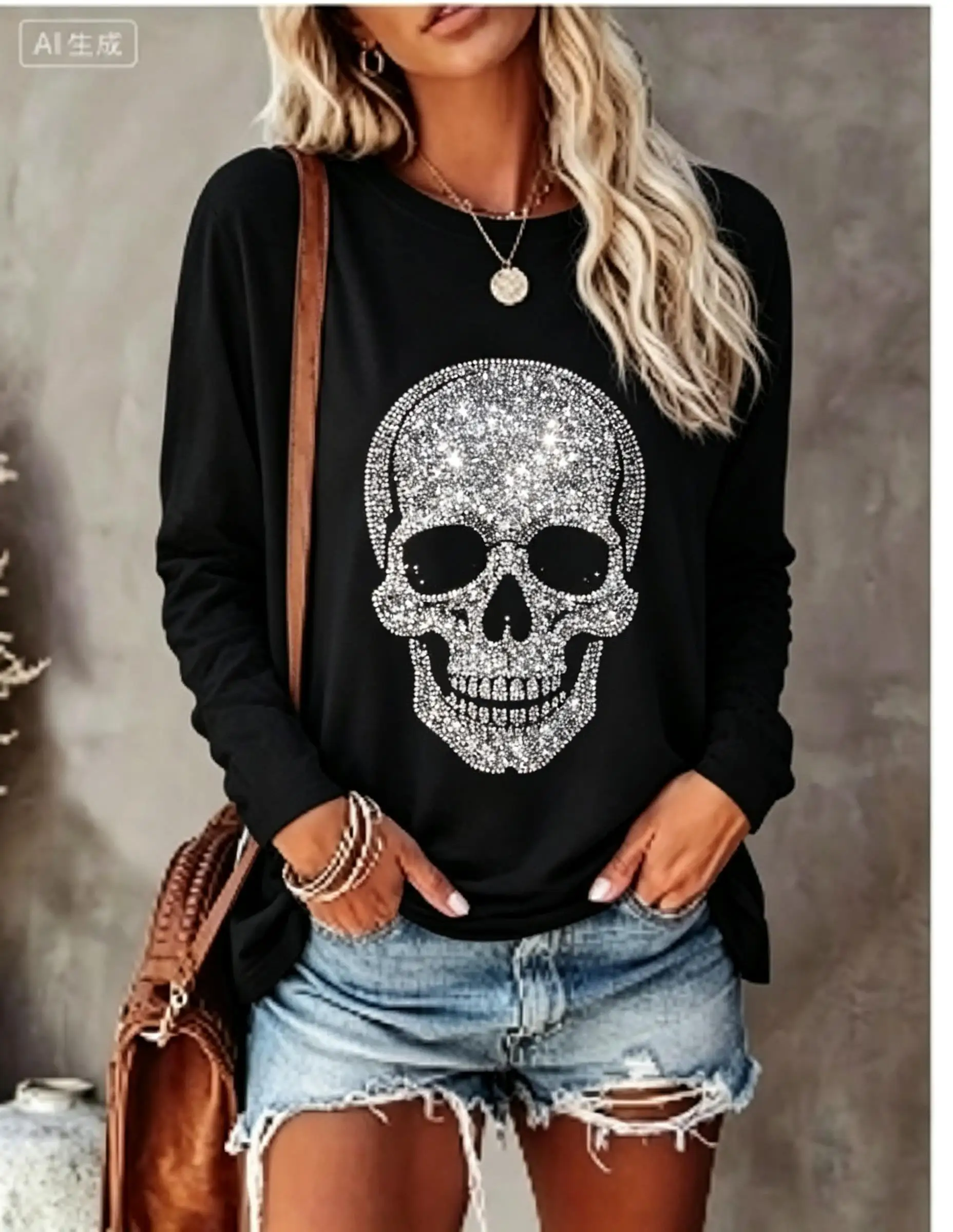 T-shirt à manches longues pour femmes, imprimé gothique avec crâne en strass simulé et rose rouge, col rond, hauts d'automne.
