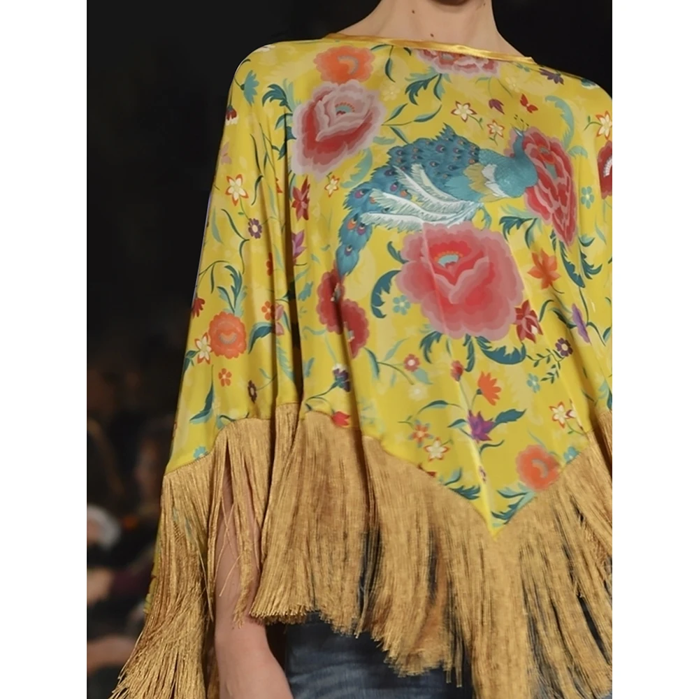 Plus Size Tassel Vintage Shirt Women Floral Printed Round Neck Irregular Long Sleeve Summer Cape Cloak Female Ethnic Tops Blouse