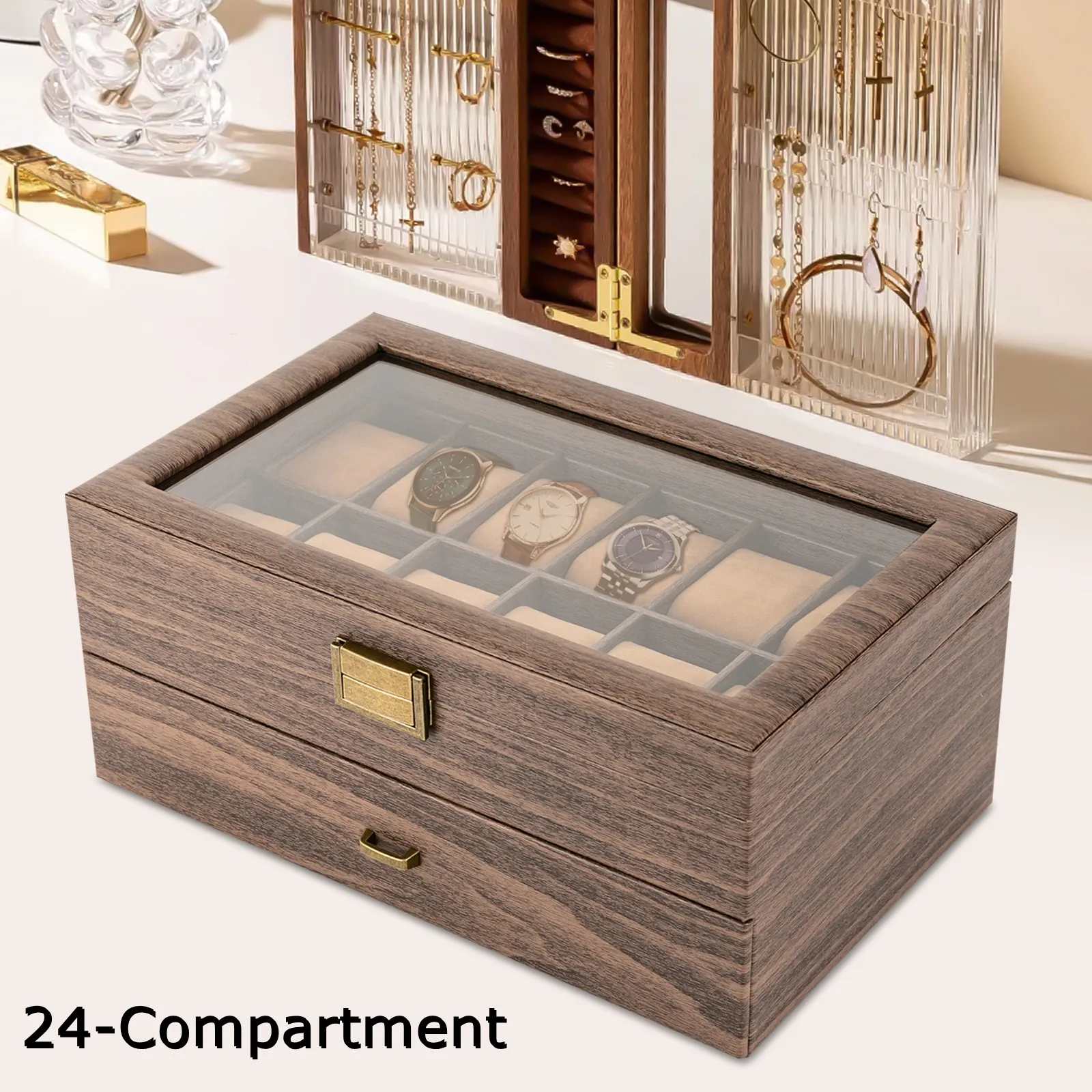 Vintage Watch Box, 2-Tier 24-Compartment Watch Storage Display Box, Woodgrain Decoration, Visible Window, Metal Snap