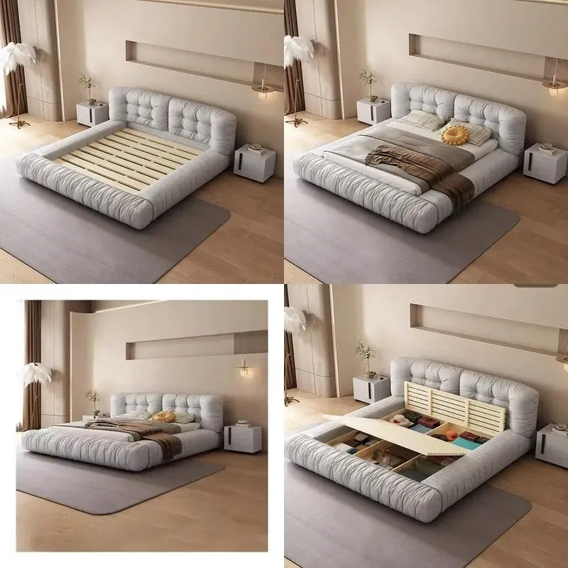 Nordic Grey Storage Bed Frame Double Queen King Size Bedroom Furniture Modern Designer Home