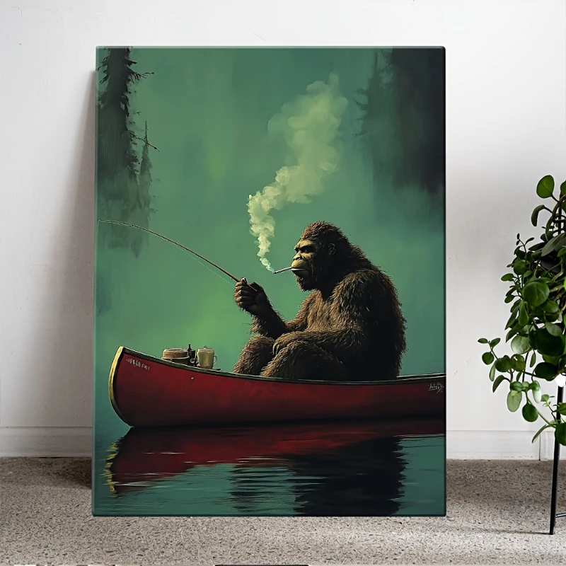 Frameless canvas paintings,Smoking Gorilla Fishing in Red Canoe Poster Prints Abstract Animal Art Canvas Painting Wall Art Pictu