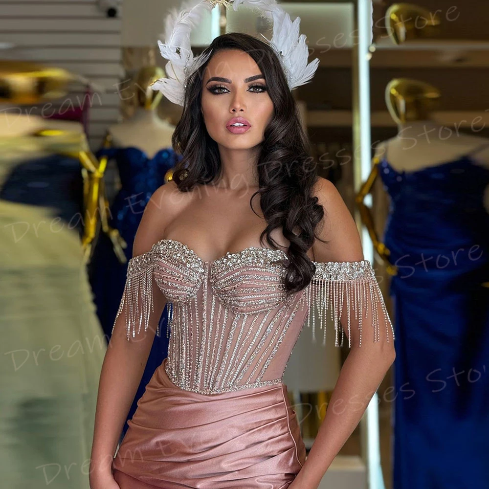 Vestidos De Noche elegantes De sirena para mujer, vestidos De graduación con hombros descubiertos, abertura lateral alta clásica, Vestido De Noche con cuentas