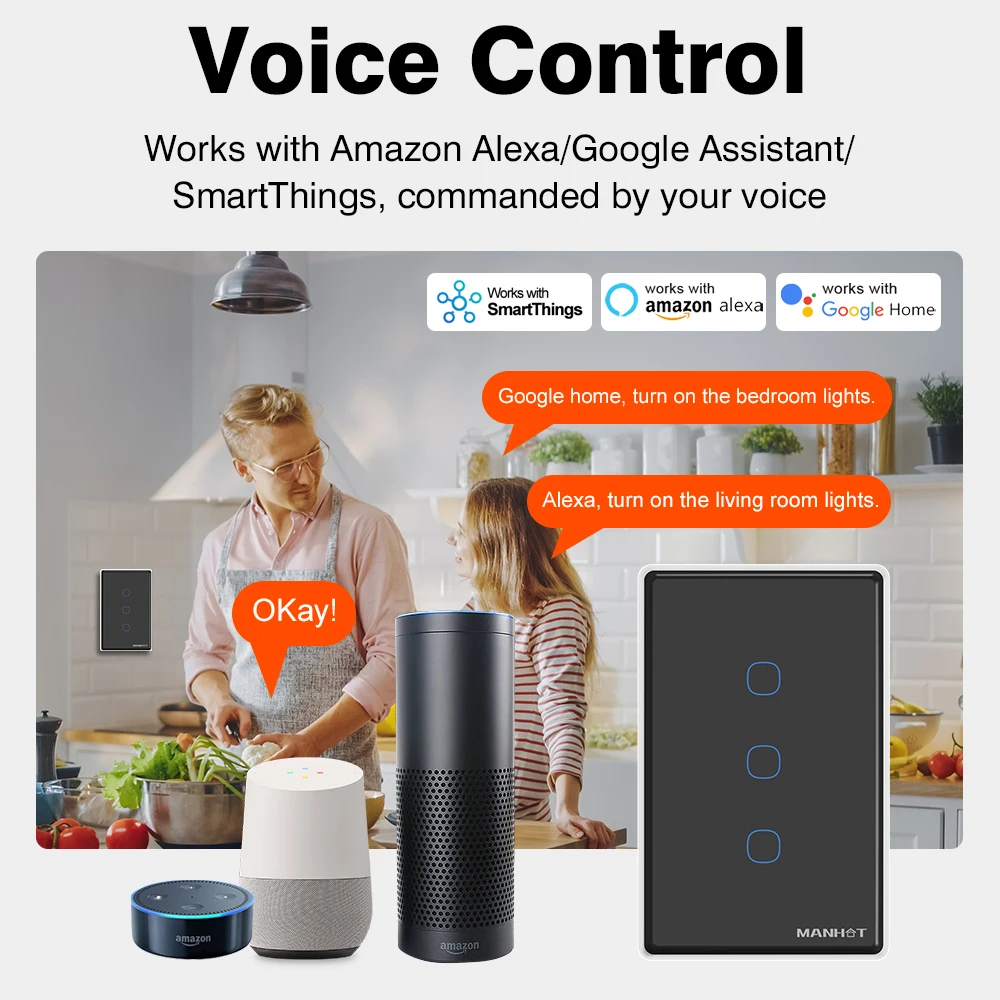 Tuya WiFi Interruptor táctil inteligente Panel táctil interruptor de luz estadounidense interruptor de pared con Control de voz RF433 con Alexa Google Home SmartThings