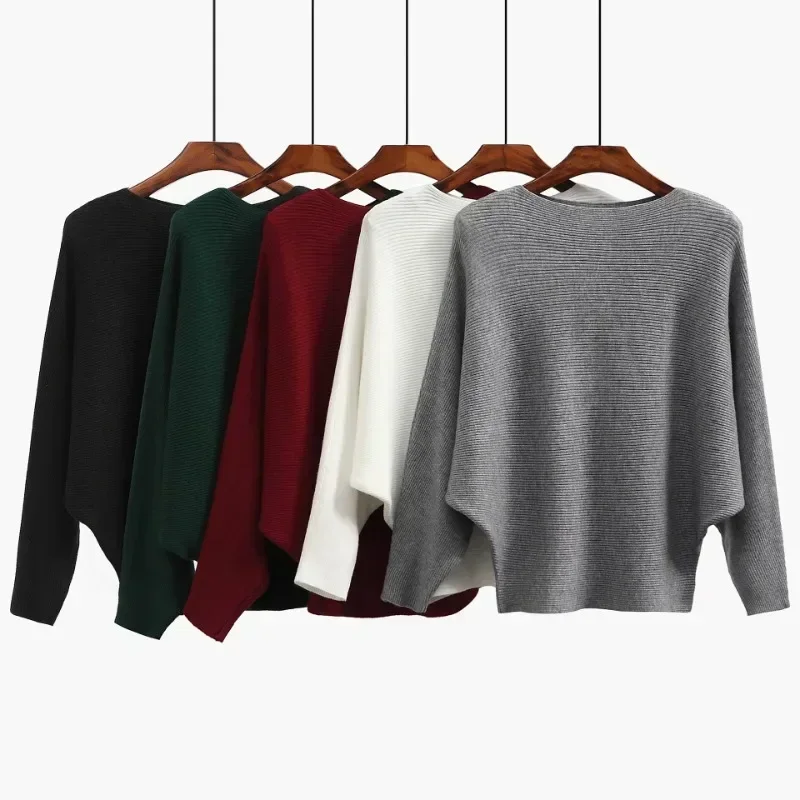 

Autumn Winter New Solid Color Slash Neck Pullovers Office Lady Sweaters Women Long Batwing Sleeve Knit Tops Loose Clothes 29627