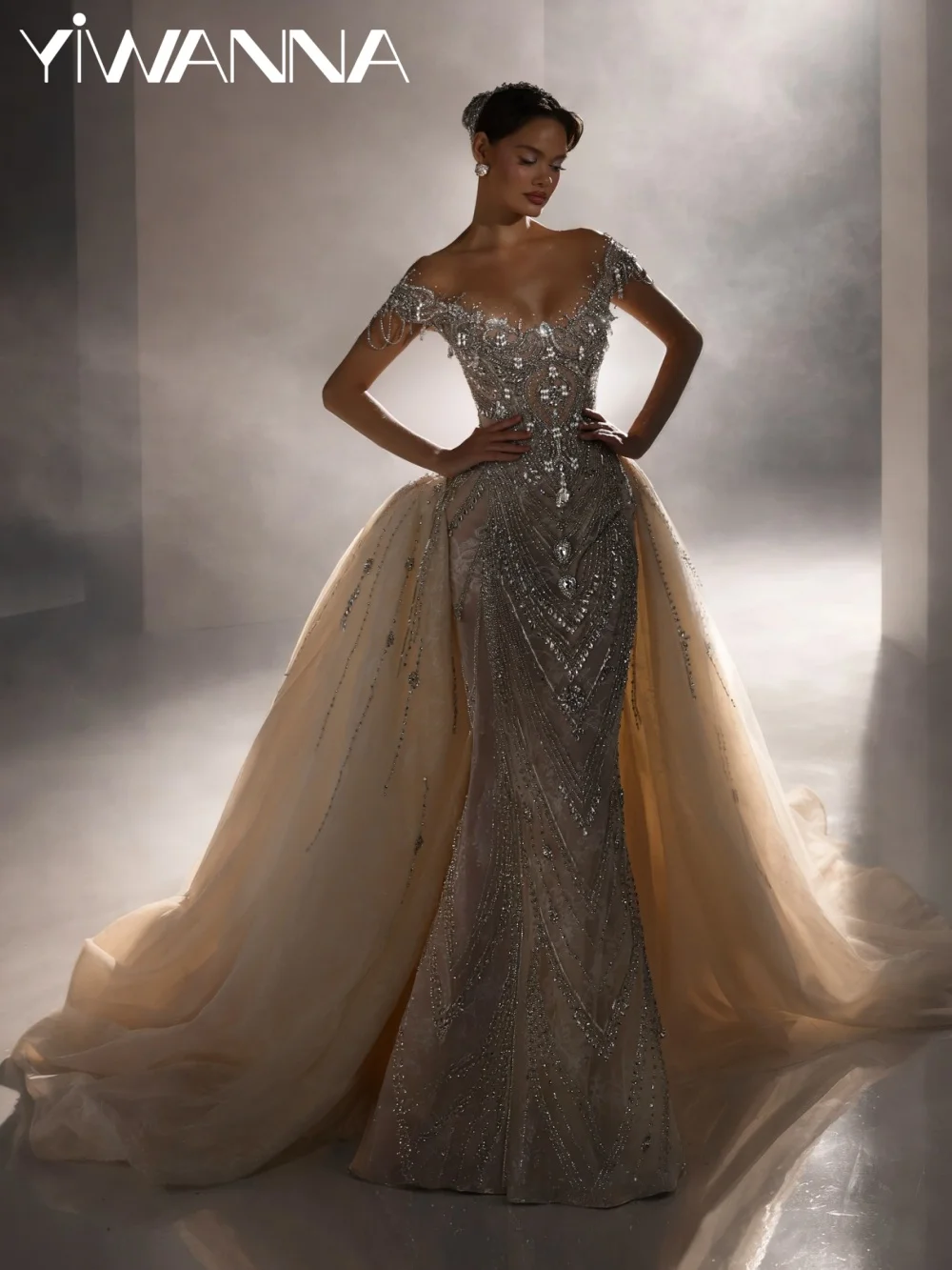 

Light Champagne Beaded Wedding Dress Detachable Train Off Shoulder Bridal Gown Customized Opulent Mermaid Long Dresses For Bride