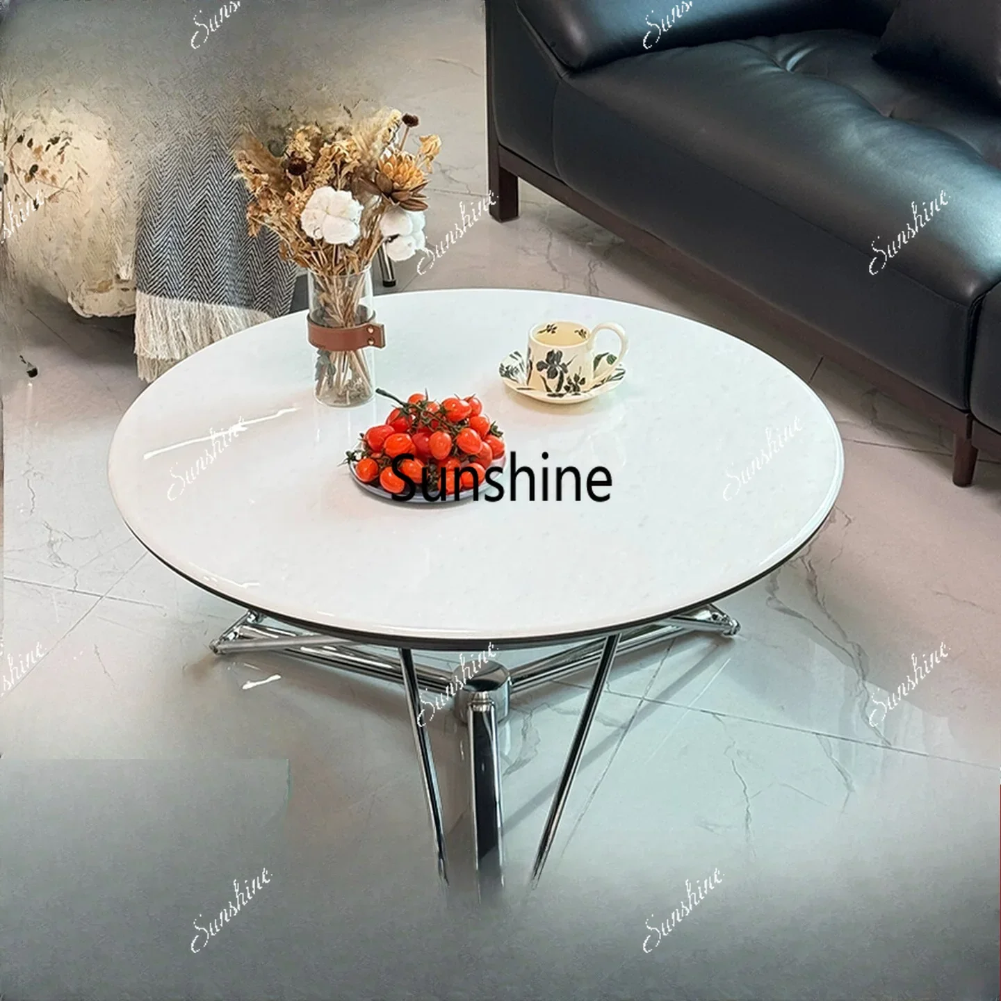Italian light luxury round coffee table small apartment living room can be lifted and deformed dual-purpose dining tableT*