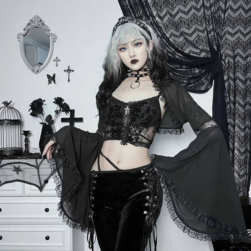 Woman Gothic Harajuku Street Mesh Print Sling Black Dresses Velvet Lace Corset Bandage Midi Dress Club Party Summer 2023