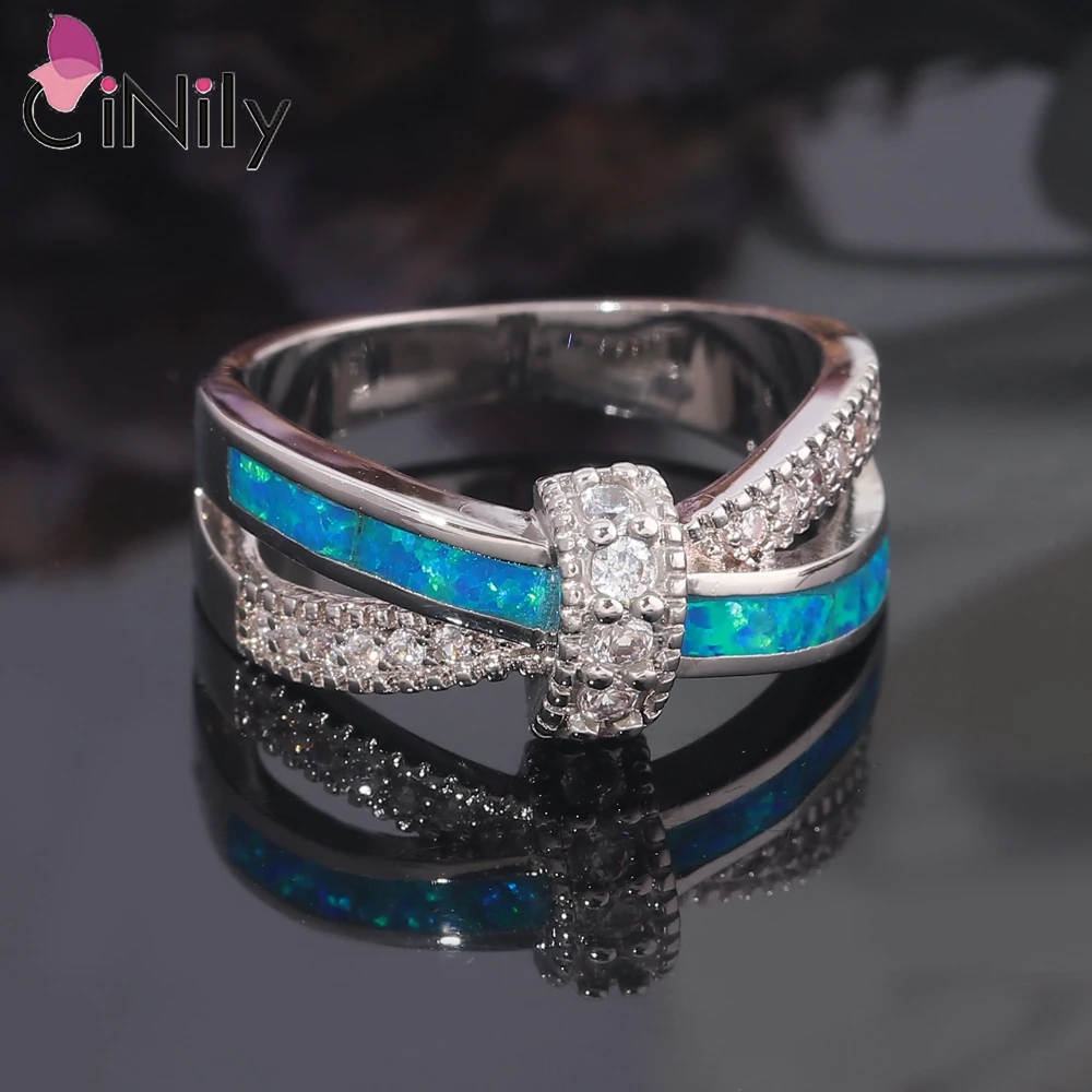 CiNily Mystic White/Blue Fire Opal Crossed Rings Cubic Zirconia anello placcato argento per le donne fedi nuziali gioielli di moda per feste