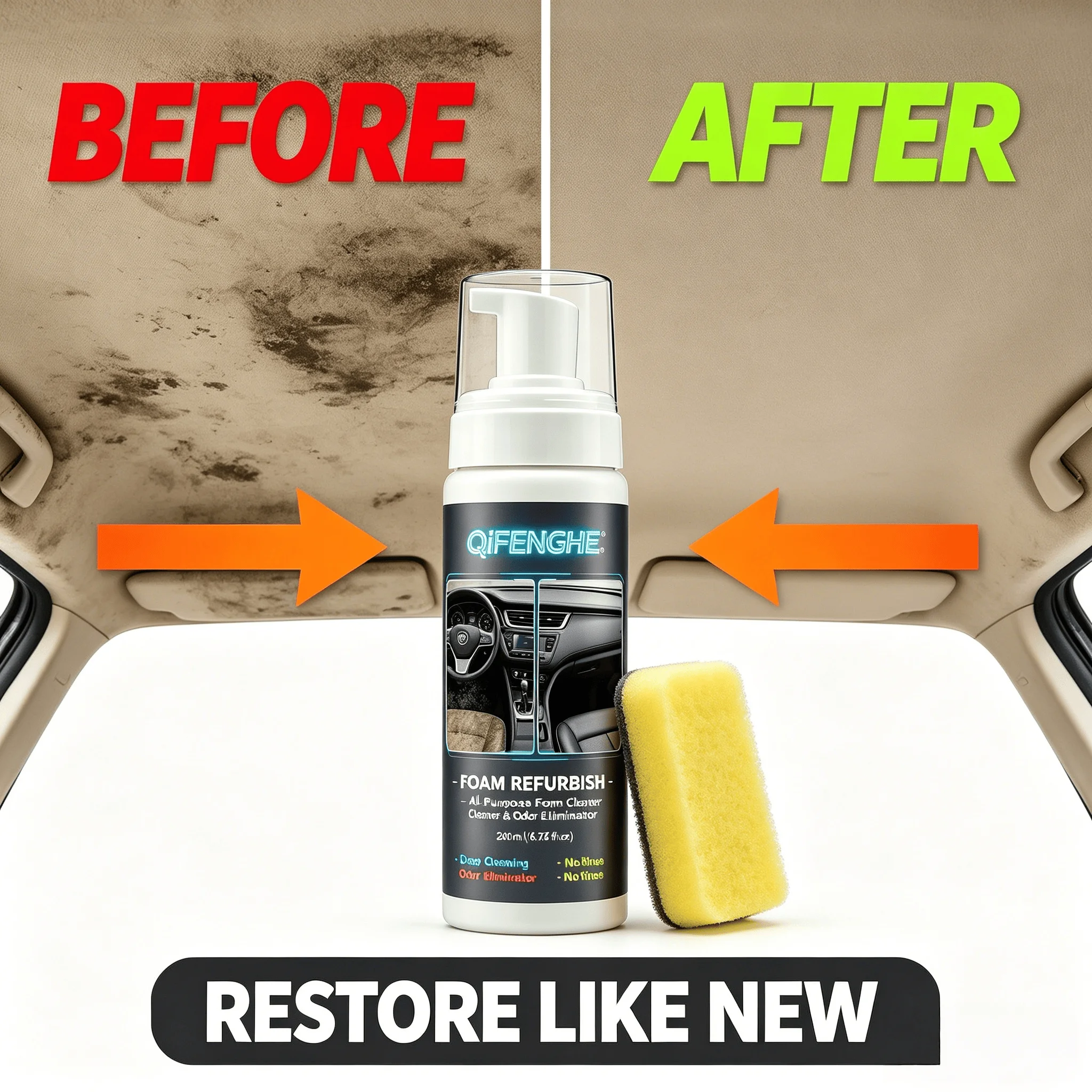 200ML No Rinse Car Foam Cleaner with Sponge Multi-Purpose Auto Interior Deep Cleaning Foam Odor Eliminator for Leather Seat Dash