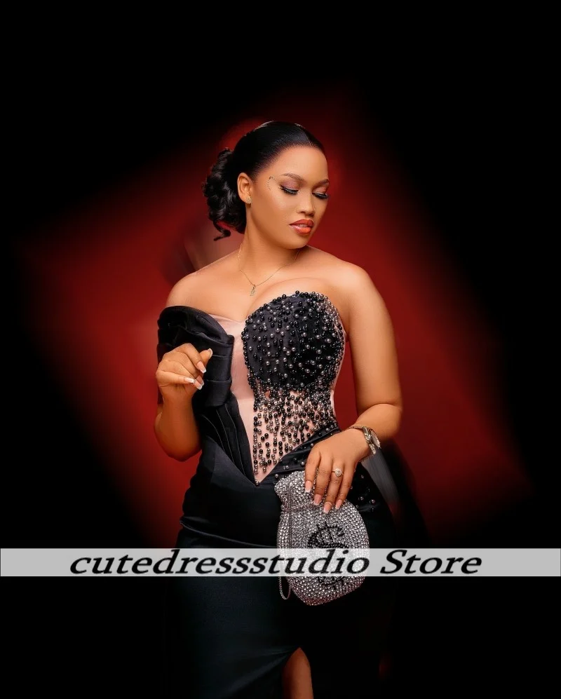 Schwarze One-Shoulder-High-Split-Meerjungfrau-Abendkleider mit exquisiten Perlen, afrikanisches Abendkleid, Hochzeits-Party-Kleider, individuell gestaltet