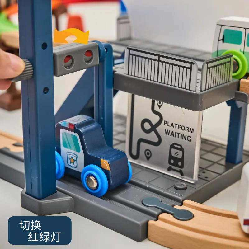 DIY Sound Licht Spielzeug Straßenbahn Station Szene Zubehör Montage Baustein Kompatibel Marke Holz Eisenbahn Zug Gleise