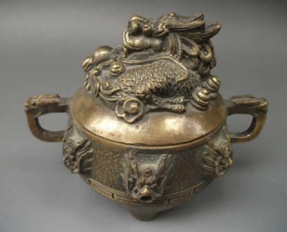 Antique folk collectable Old Bronze Incense Burners Lid w Dragon Censer Signed