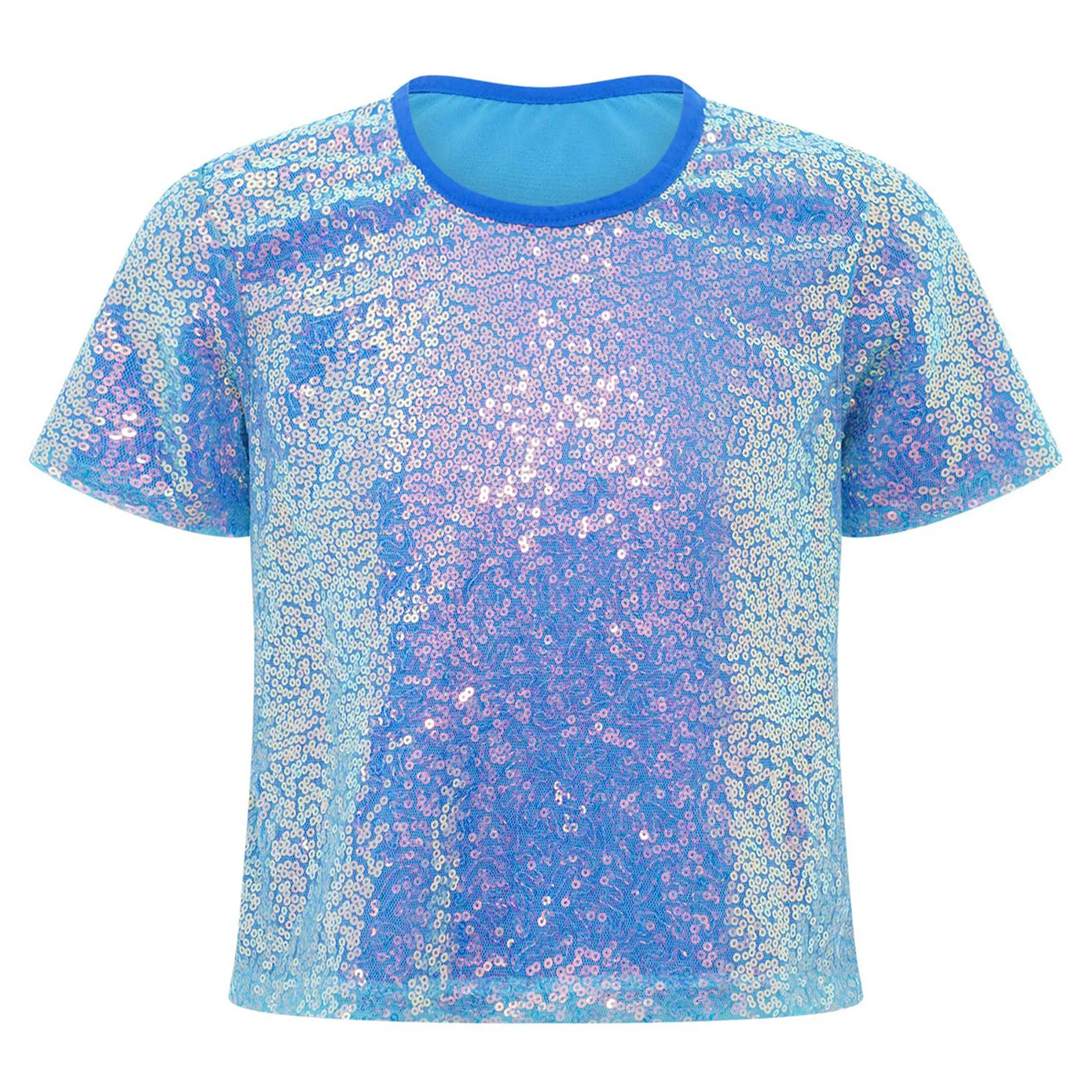 

Kids Girls Shirts Cheerleading Jazz Hip-hop Dance Top Shiny Sequins Round Neck Short Sleeves T-shirt for Stage Performance Party
