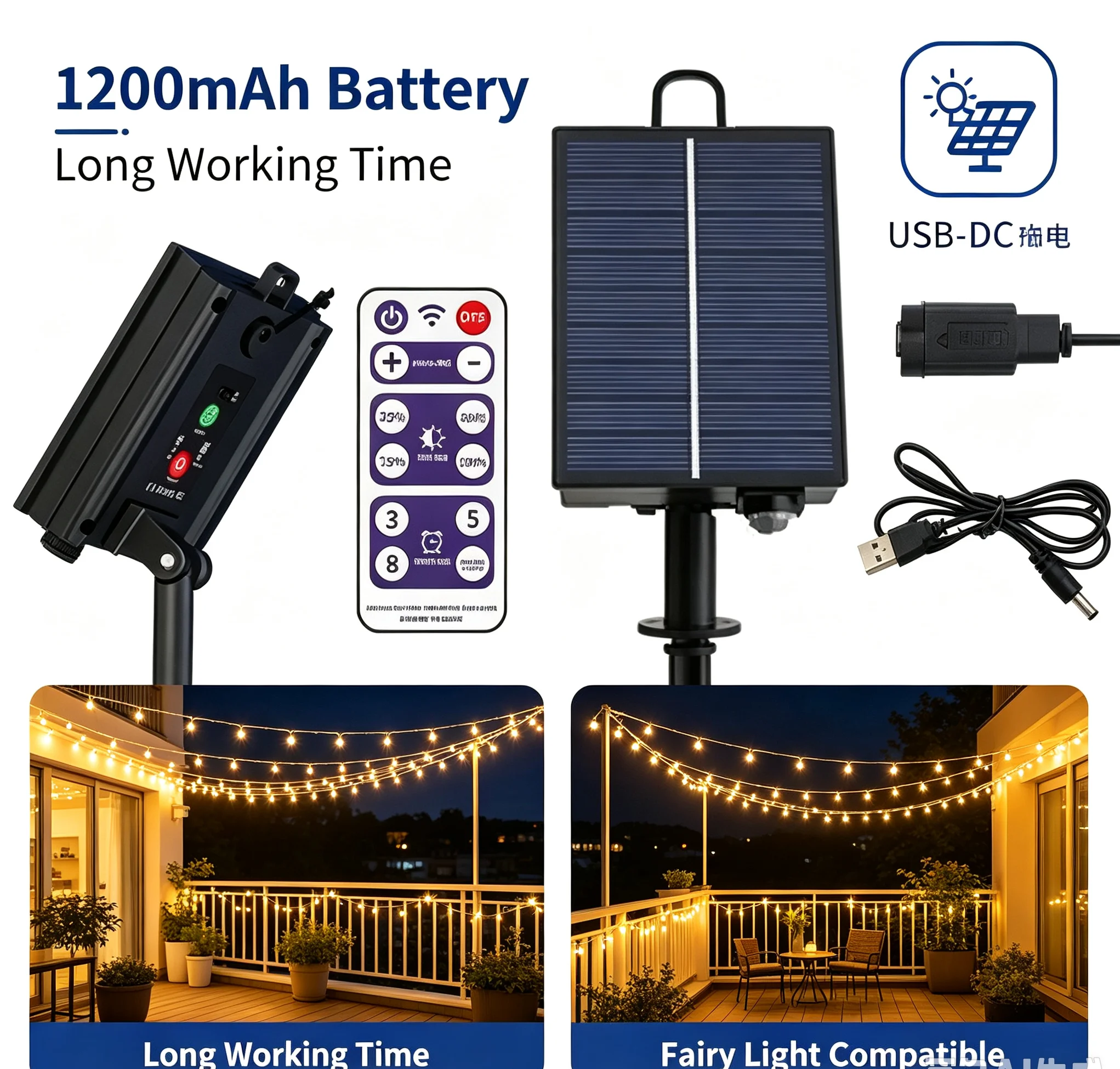 Solar String Light Control Box Kit 1200mAh Lithium Battery Panel for 3.7V 24V LED String Lamp DC Charging With Remote Control