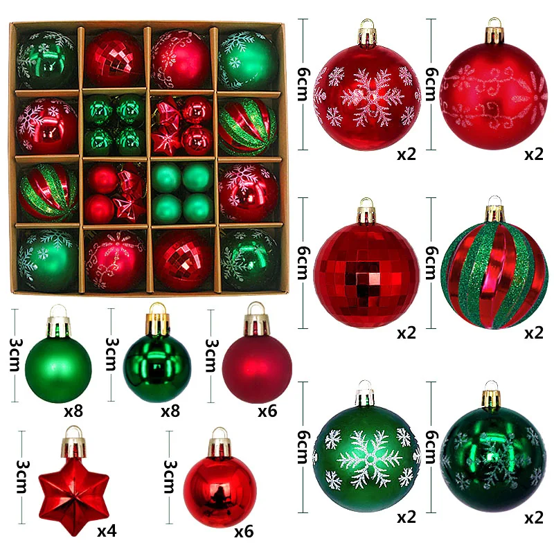 New Arrival Christmas Ornaments 42-44pcs Painted Assorted Shapes Paper Box Set 3-6cm Plated Ball Hanging Decorations