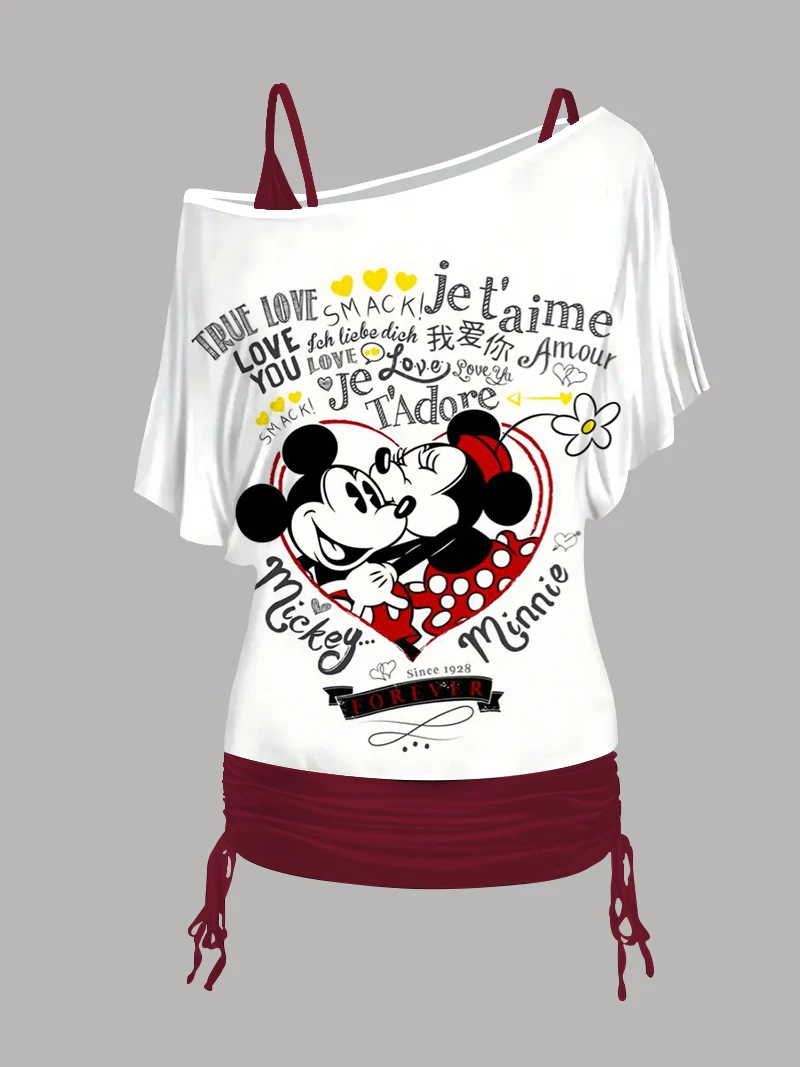 

T-shirt Fashion Summer Dresses 2024 Sexy Mini Skirt One Shoulder Sleeve Disney Mickey Women's Clothing Set Crew Neck Dress Tops