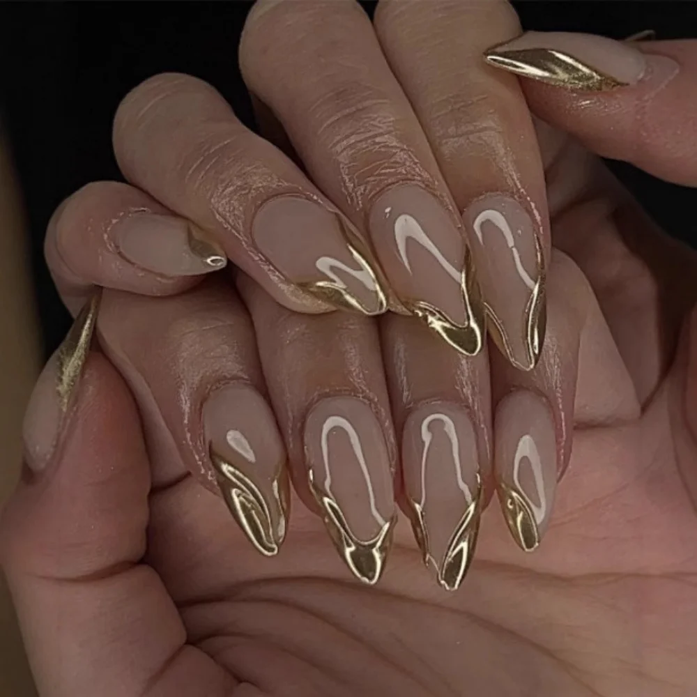 

24pcs Golden French Fake Nails Press on Wearable Simple Nude Design Long Almond Finished False Nail Set Manicure Tips Datachable