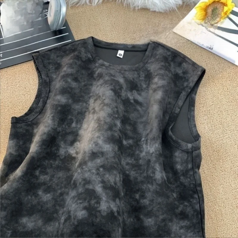 Men's Sleeveless Tie Dye Tank Top Summer Sport Thin Base Shirt Loose Handsome Waist Cotton round Neck Micro Stretch