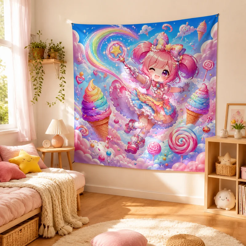VIKAMA Macaron Sweet Angel Tapestry, Dreamy Candy Kingdom Cloud Wall Hanging, Winged Girl Print Wall Hanging, Home Decor