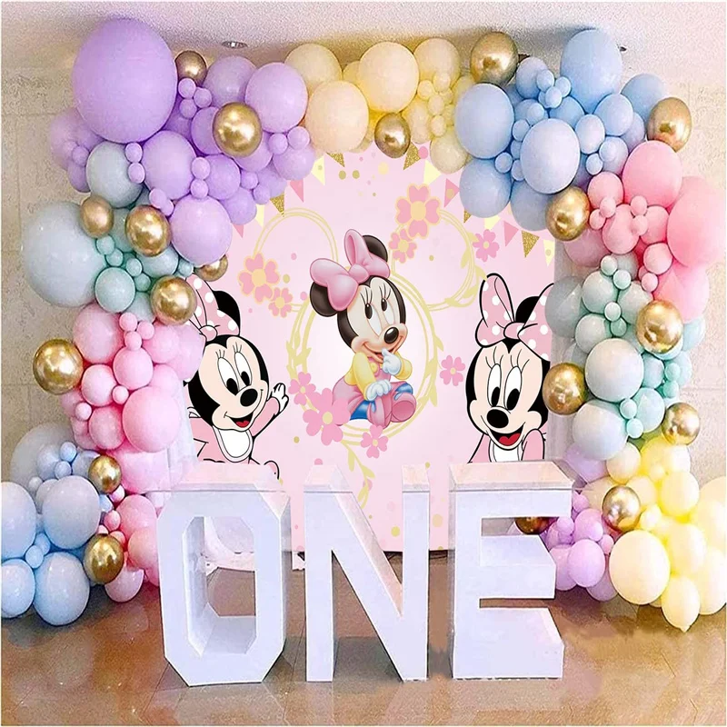 Disney Lovely Pink Minnie Mouse Theme Party Backdrop Cartoon Decoration Girls Birthday Party Pink Glitter Photography Background