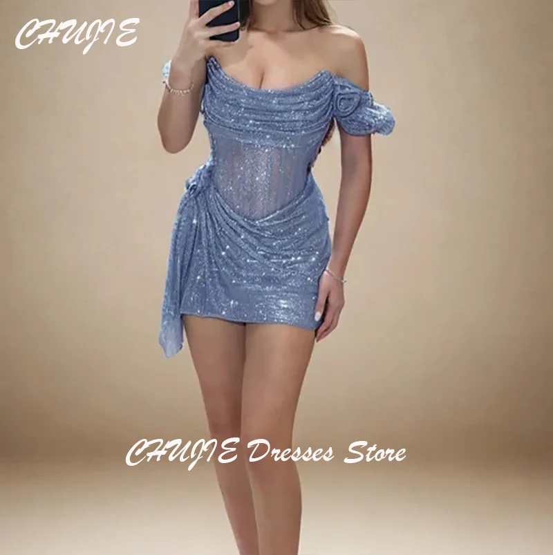 

Mini Sequins Cocktail Dresses Woman Off Shoulder Wedding Prom Dress Gowns Mini Graduation Dress Vestido de graduación Customized