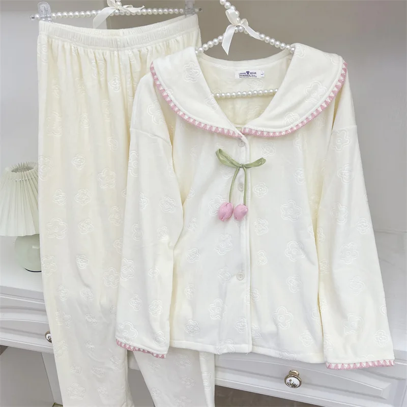 

Новая осенне-зимняя теплая одежда для сна, женская домашняя одежда, пижамный комплект, удобные теплые пижамы с длинными рукавами, женская одежда для сна