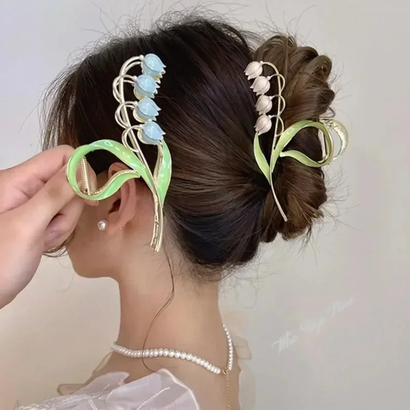 Gancho pérola elegante para menina lírio do vale flor forma pérola garra decoração cabelo rabo de cavalo clipe de tubarão, chapelaria