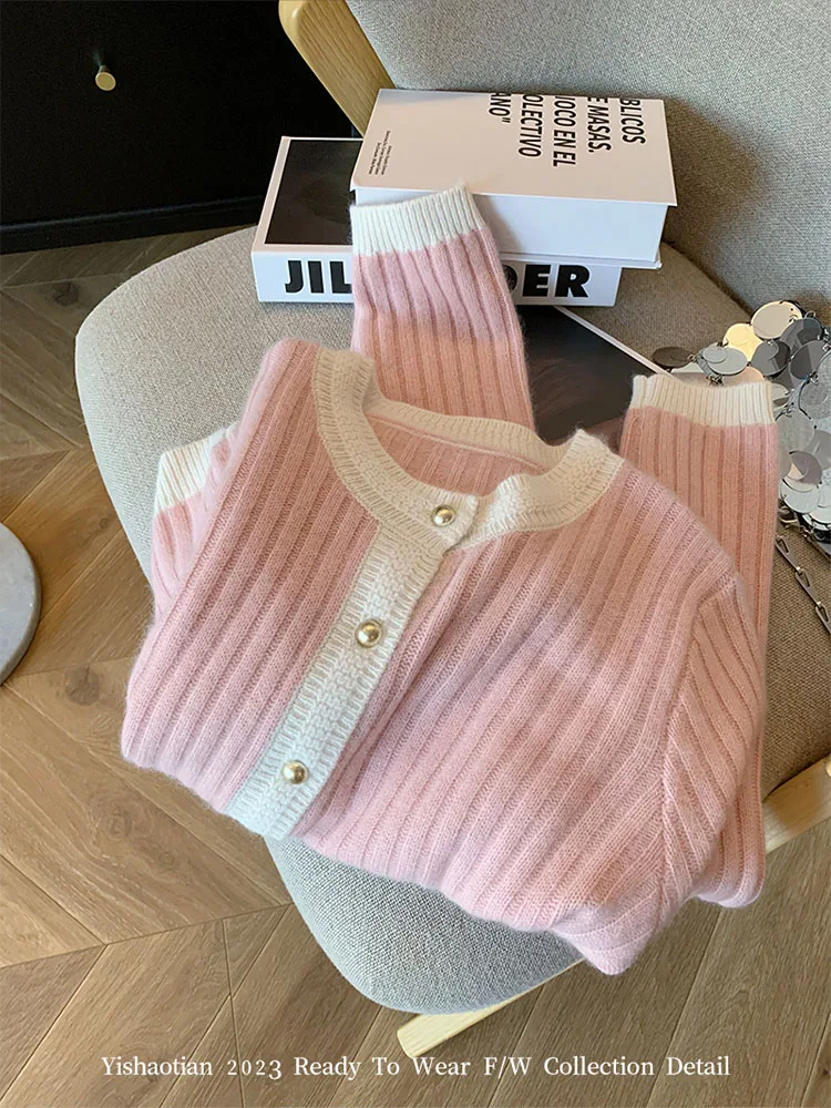 Harajuku Korean Autumn Winter Pink Cashmere Top O-Neck Cozy Casual Sweet Sweater Knitted Cardigans Long Sleeve Mori Girl Style