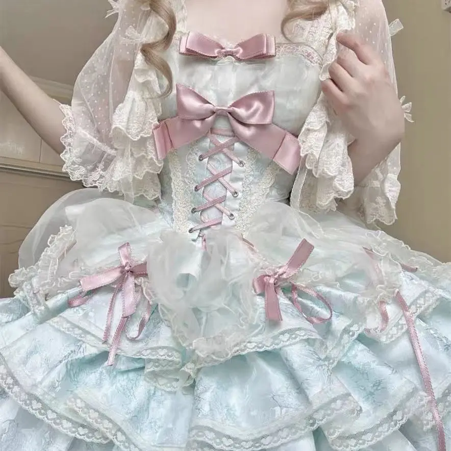 Sweet Lolita Lace Ruffled Dress Women Pink Bow Corset Tiered Skirt Princess Party Sweet Elegant Lolita Fashion Vintage Kawaii
