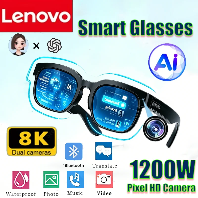 Óculos Inteligentes Lenovo 8K 2026: Novo Modelo com Tradução por IA, Conversação Bluetooth, Gravação e Música - Óculos de Sol Inteligentes para Homens e Mulheres