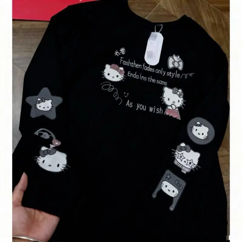 

Sanrio Hello Kitty women's T-shirt tops Plush Print Unisex Casual Wear Korean Style Sweet Autumn Winter Round Neck Long Sleeve