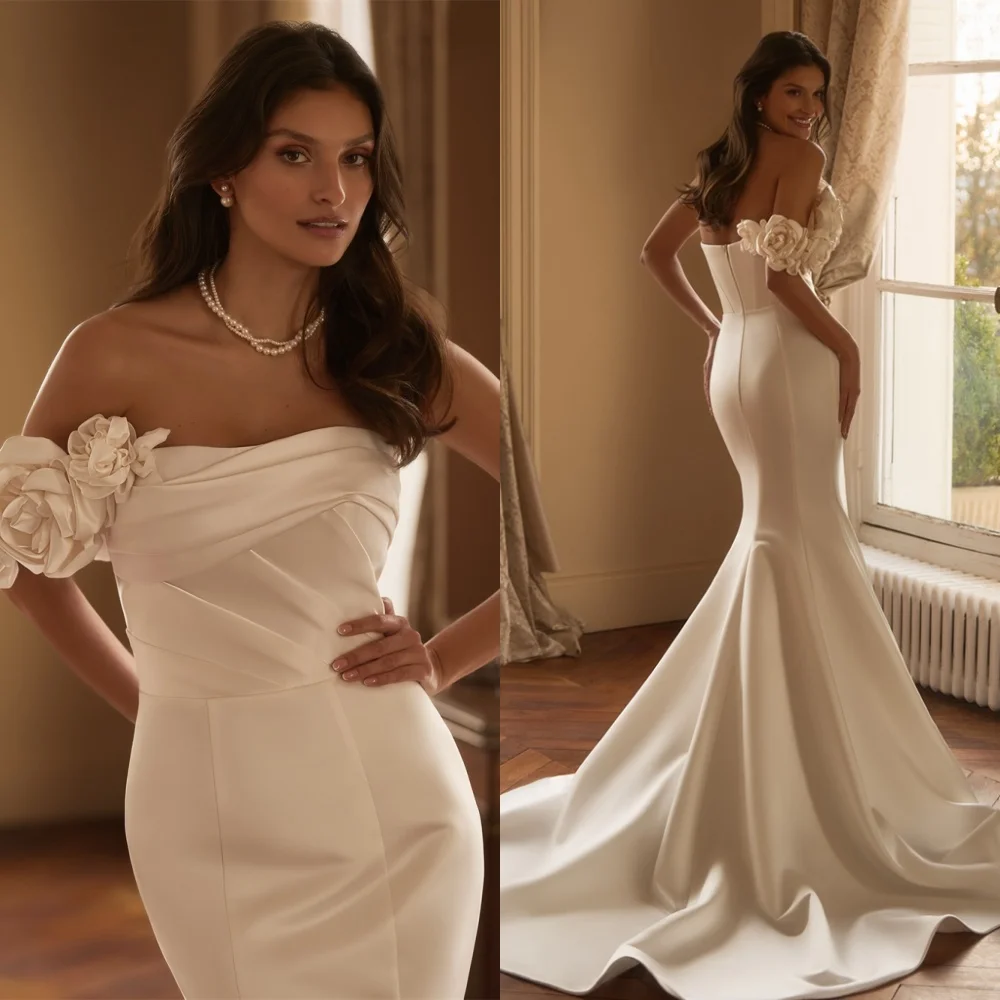 Customized Elegant White Satin Wedding Dress Romantic Strapless Flowers Bridal Party Delicate Zipper Back Vestido De Novia