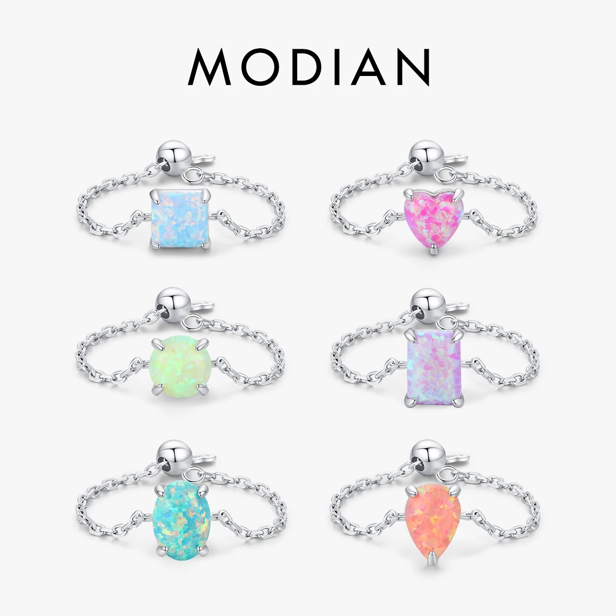 MODIAN Pure 925 Sterling Silver Adjustable Link Chain Rings For Women Luxury Colorful Opal 6 Geometric Shape Rings Fine Jewelry