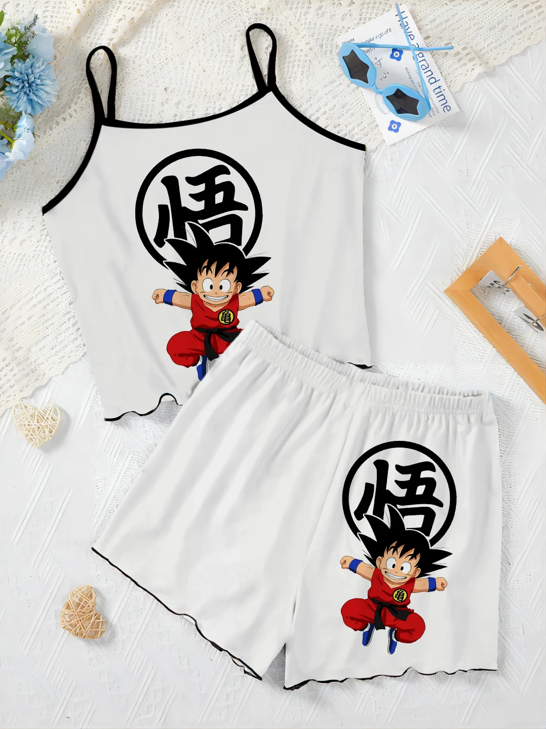 T-shirt Women's Suit Pajama Skirt Two Piece Set Lettuce Trim Son Goku Slip Dress Top Short Sets Dragon Ball Pieces Elegant Home