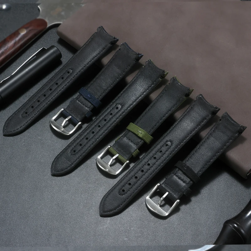Faixa de relógio de couro de nylon com extremidade curvada 20mm 22mm para Rolex Submariner para Omega Planet Ocean Seamaster 300 Acessórios de pulseira de cinto