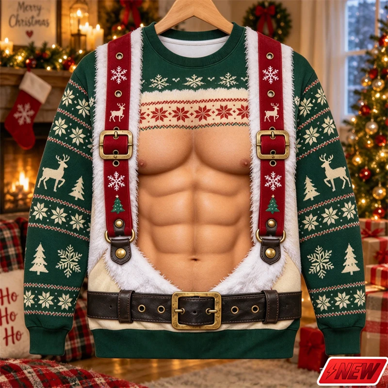 Xmas Sweatshirt Men Trendy Casual 3D Print Fake Knit Muscle Body Design Creative Christmas Festival Unisex New Long Sleeve Tops