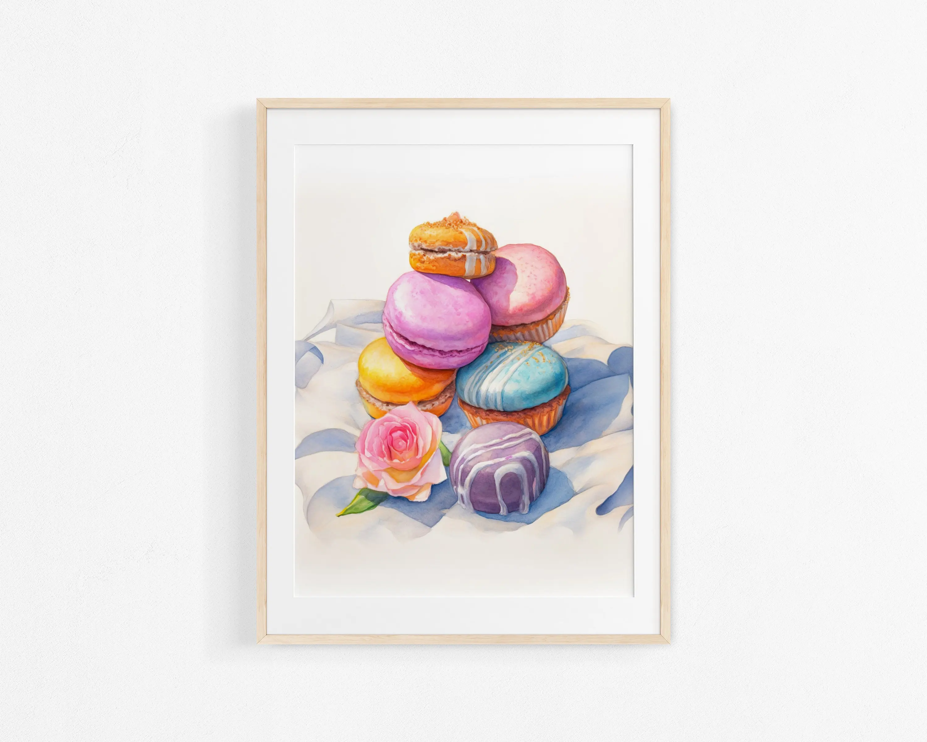 Watercolor French Pastry Cherry Clafoutis Cream Cake Macarons Poster Print Wall Art Pictures Canvas Painting Room Home Decor