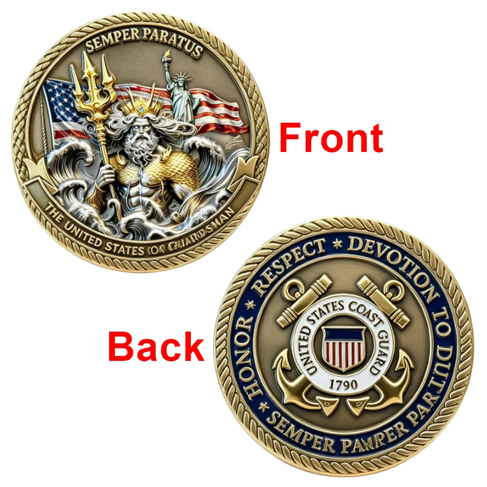 1pc US Coast Guard Military Challenge Coin Semper Paratus Poseidon Commemorative Coin Patriotic Veteran Souvenir Gifts