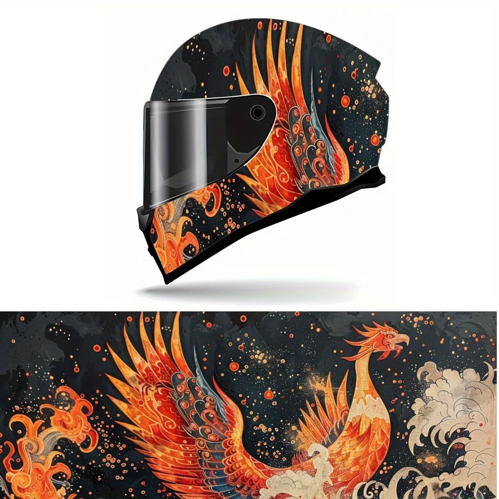 

Dynamic Orange Phoenix with Swirling Flames Motorcycle Helmet Vinyl Wraps Decal, Self-adhesive Waterproof Helmet Decoration, DIY